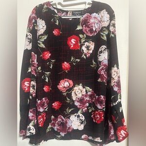 NEW - Liz Claiborne Floral Tunic Top Women’s Maroon/Black Ruffle Long Sleeve